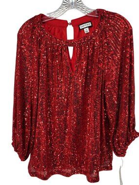 Sam and Jess Red Sequin Keyhole Blouse Three-Quarter Sleeve Holiday Top Medium